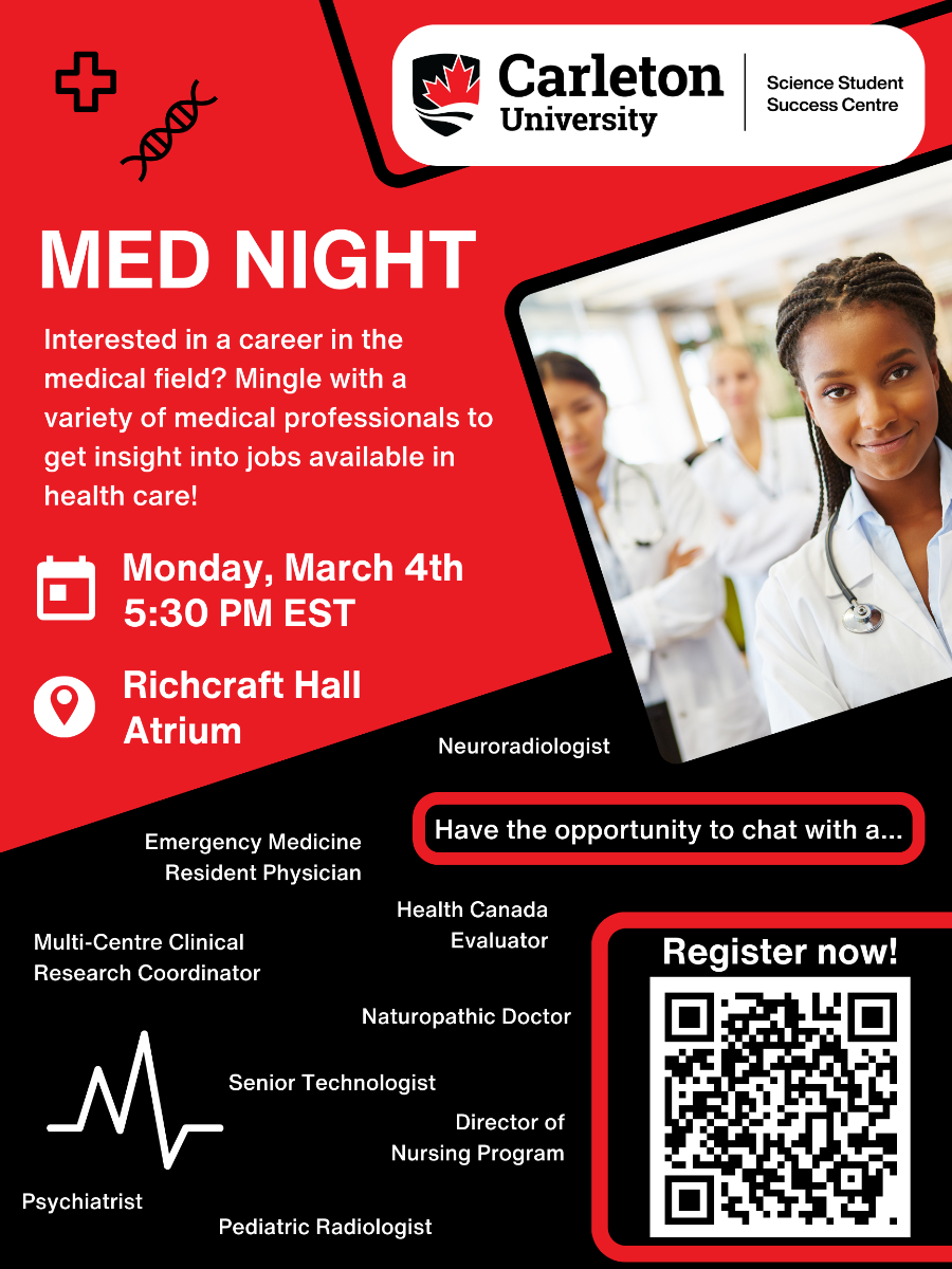 Poster with text. Text reads: Med Night. Carleton University | Science Student Success Centre. Interested in a career in the medical field? Mingle with a variety of medical professionals to get insight into jobs available in health care! Monday, March 4th, 5:30 PM EST. Richcraft Hall Atrium. Have the opportunity to chat with a... Neuroradiologist, Emergency Medicine Resident Physician, Multi-Centre Clinical Research Coordinator, Health Canada Evaluator, Naturopathic Doctor, Senior Technologist, Director of Nursing Program, Psychiatrist, Pediatric Radiologist. Register Now! 