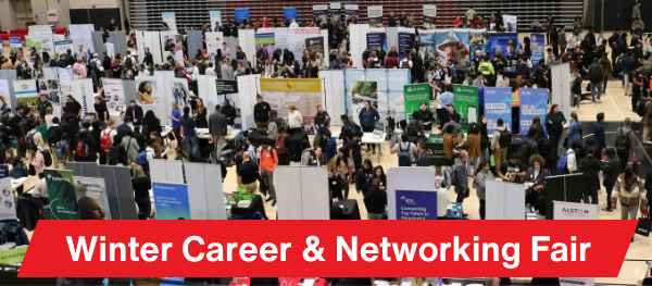 Overhead shot of students and employers at the Career & Networking Fair.