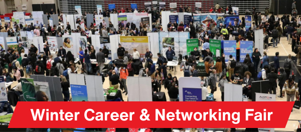 Overhead shot of a Career Fair with people visiting different booths. Text overlay says Winter Career and Networking Fair.