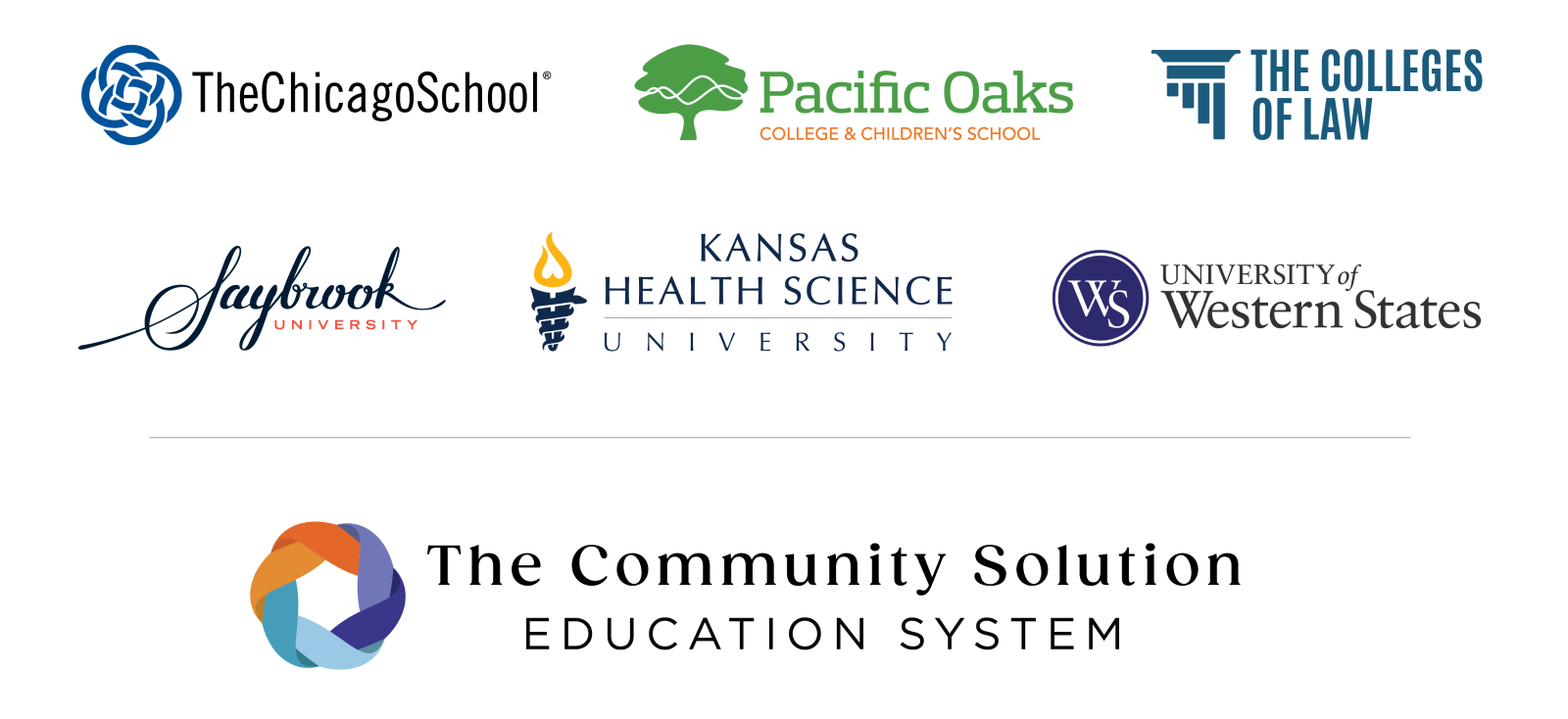 Logos for The Community Solution Education System, which includes logos for The Chicago School, Pacific Oaks, Colleges of Law, Saybrook University, Kansas Health Science University, University of Western States.