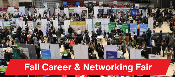 Overhead shot of students at booths at the Career & Networking Fair.