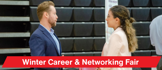 Employer and student chat at a Career Fair booth. Text overlay says Winter Career & Networking Fair.